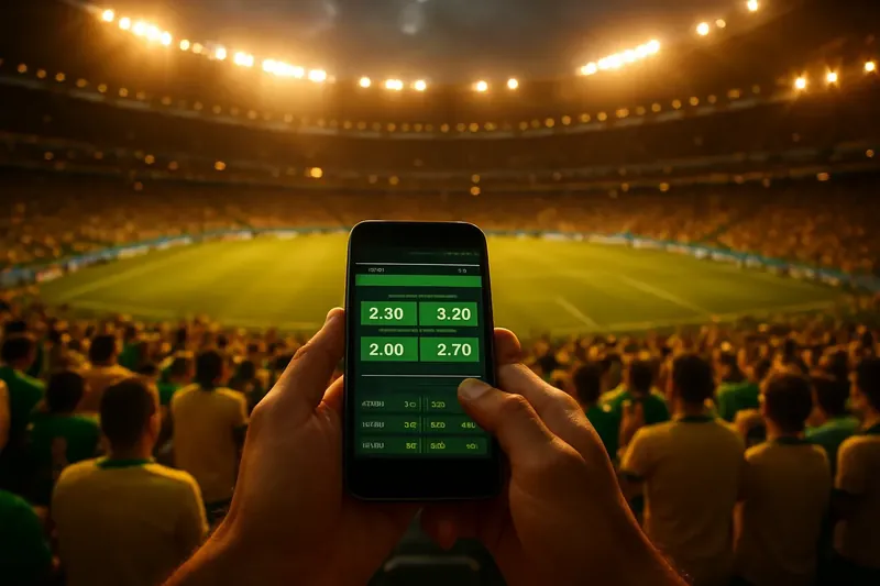 Mãos segurando smartphone com odds ao vivo no Maracanã lotado à noite