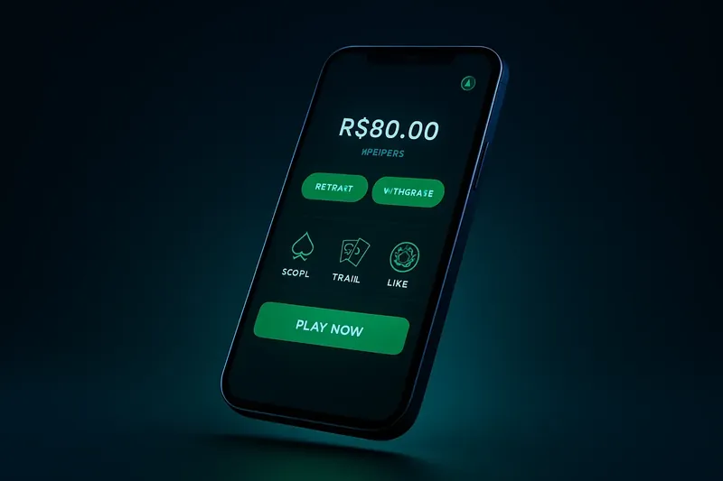 Smartphone moderno flutuando com app de cassino premium em tema escuro