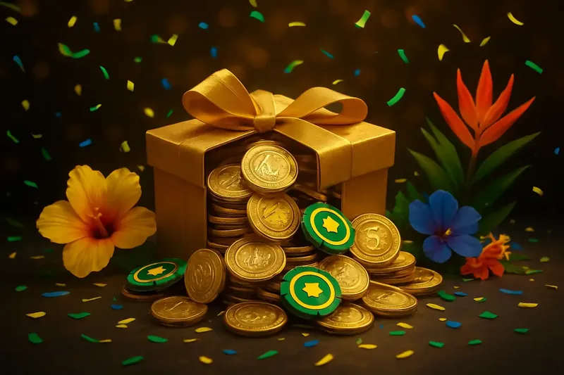 Caixa presente dourada com moedas de Real, fichas e confete brasileiro
