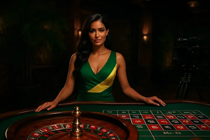 Estúdio de cassino ao vivo com dealer brasileira na mesa de roleta luxuosa