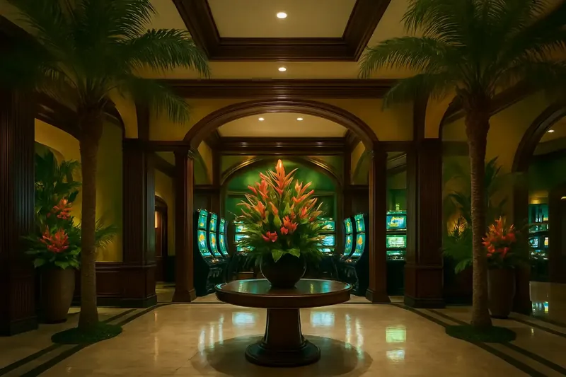 Lobby de cassino elegante com decoração tropical brasileira e telas iluminadas