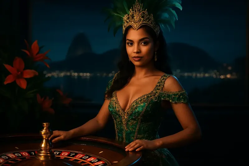 Mulher brasileira confiante ao lado da roleta com Rio ao fundo