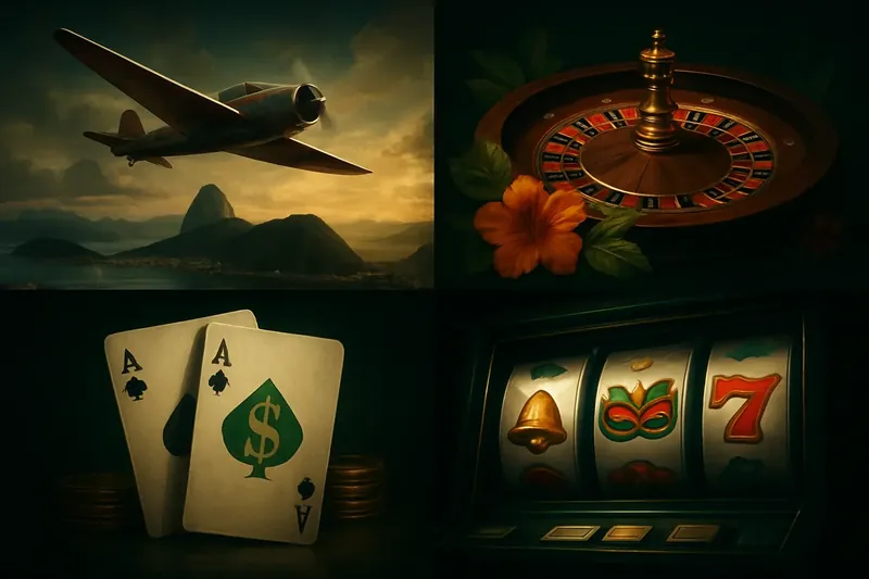 Colagem de jogos de cassino no Brasil com Rio, roleta, blackjack e slots
